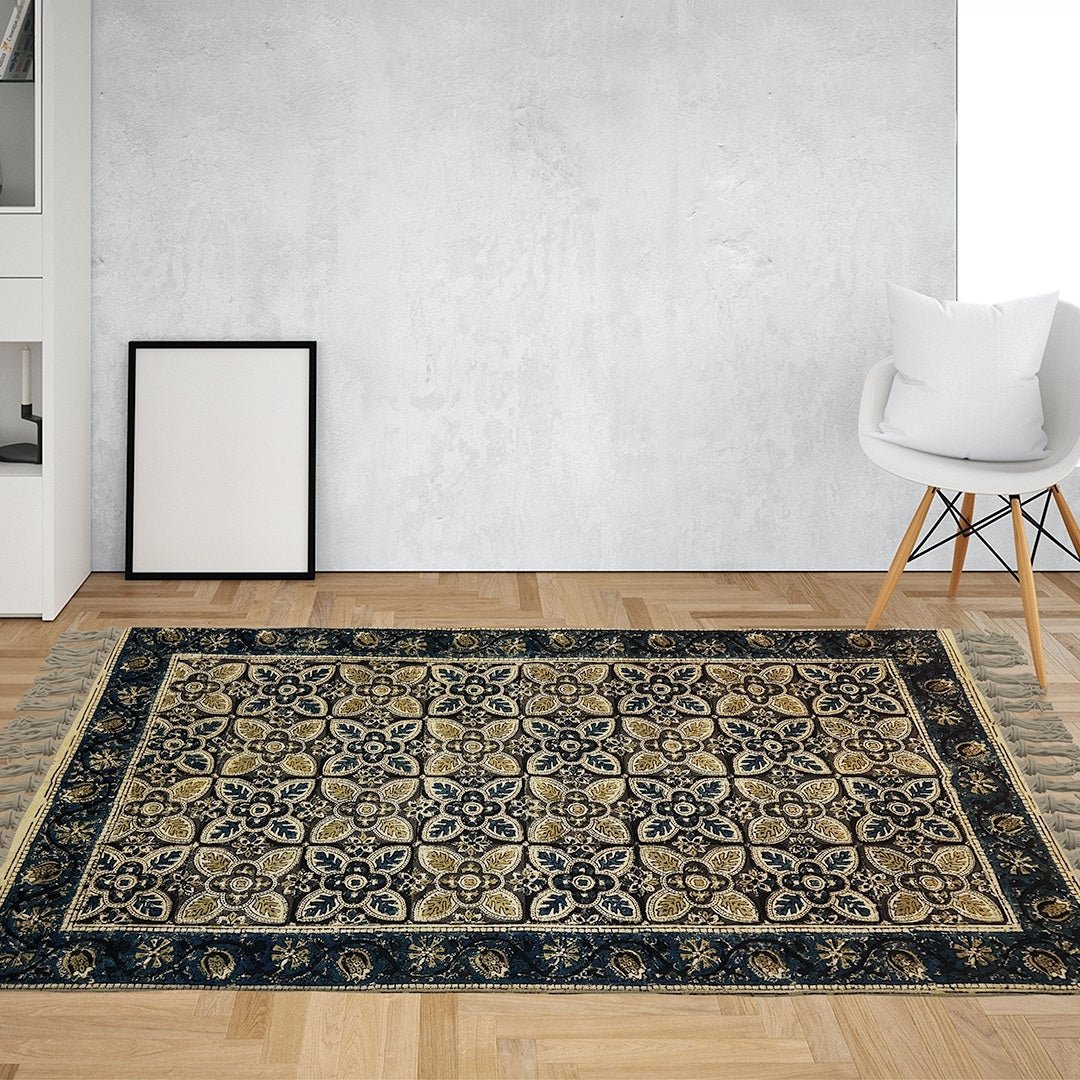 Cotton Floor Rug for Living Room and Bedroom handmade in Indigo and Beige Kalamkari Print| Soft Washable Area RugCotton| 3x5 Feet