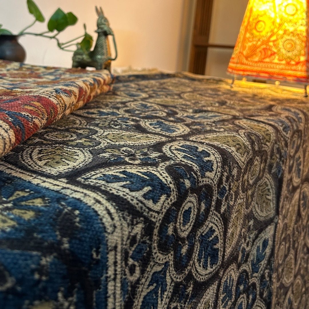 Bring Indigo and Beige Cotton Rug with handblock printing. Durable & handcrafted. Perfect for living room. Handmade in India.