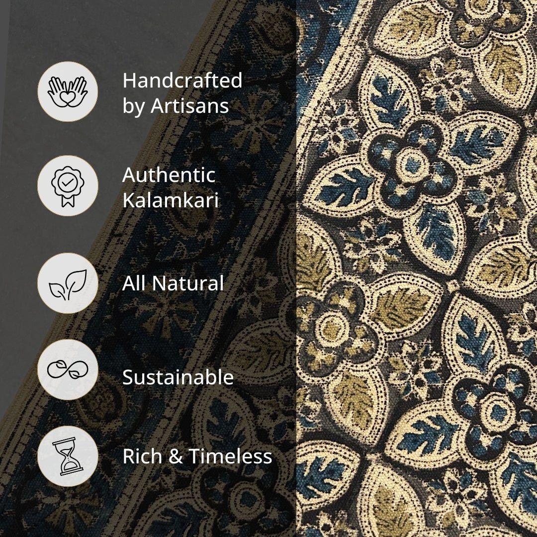 Bring Indigo and Beige Cotton Rug with handblock printing. Durable & handcrafted. Perfect for living room. Handmade in India.