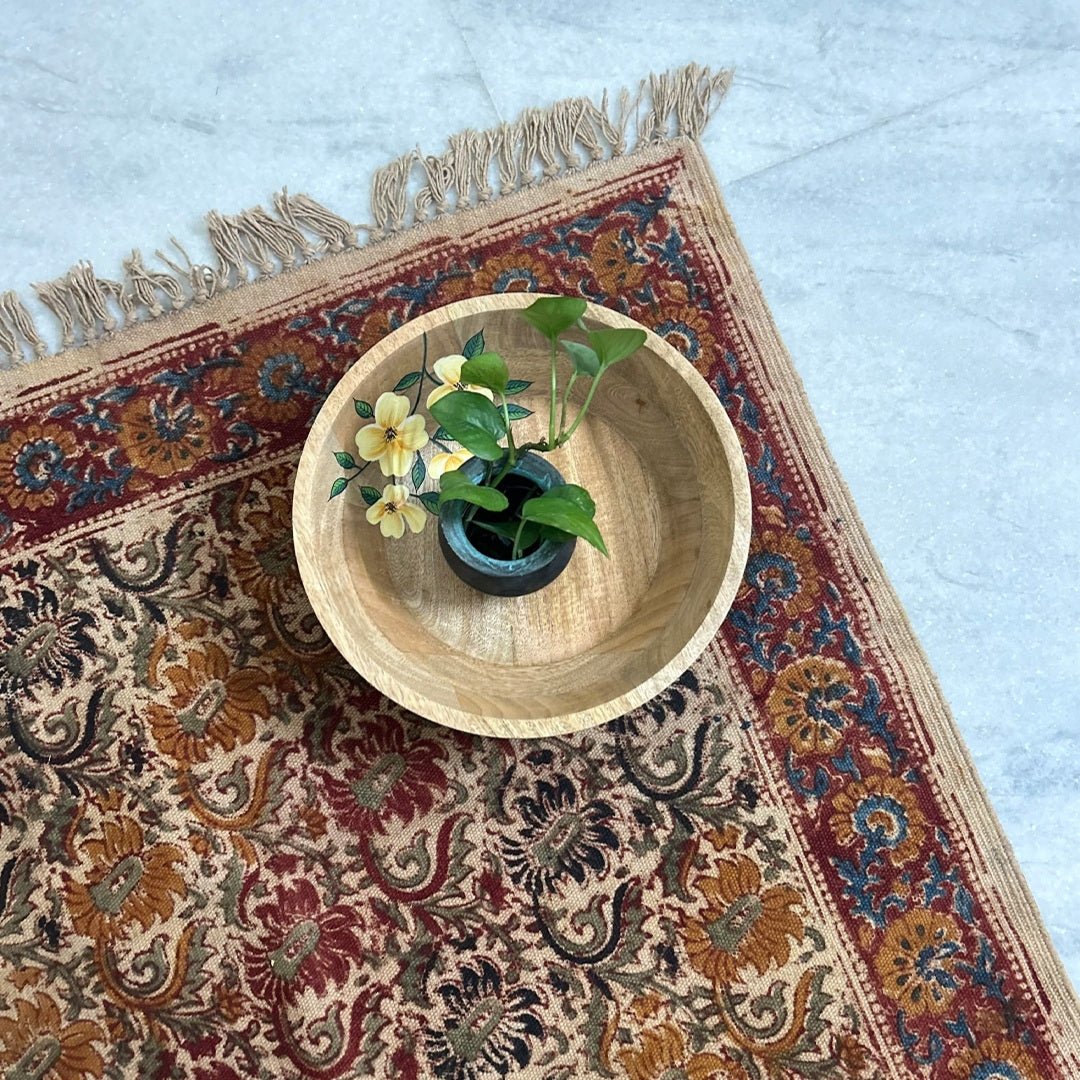 Handprinted Cotton Floor Rug for Living Room and Bedroom in Earthy Kalamkari| Soft Washable Rug