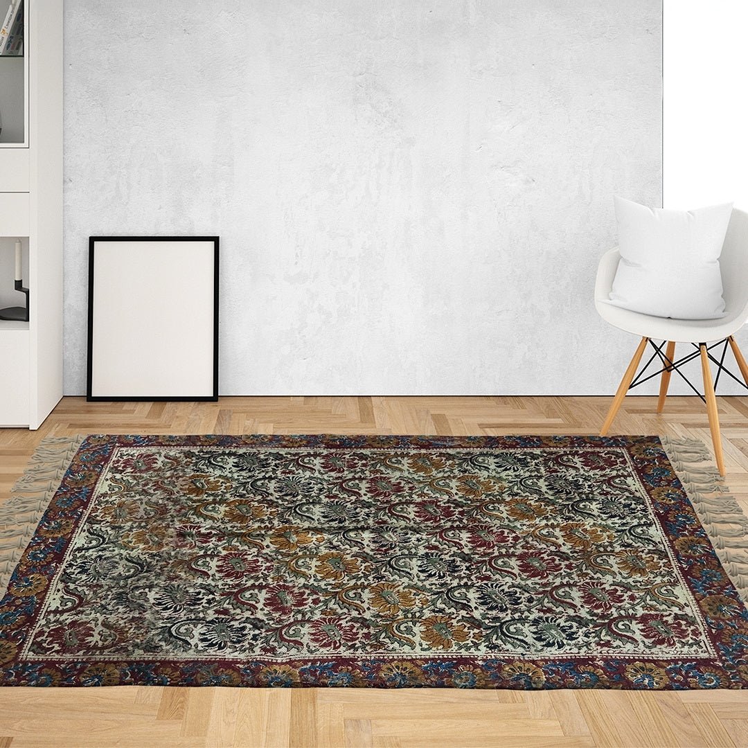 Handprinted Cotton Floor Rug for Living Room and Bedroom in Earthy Kalamkari| Soft Washable Rug