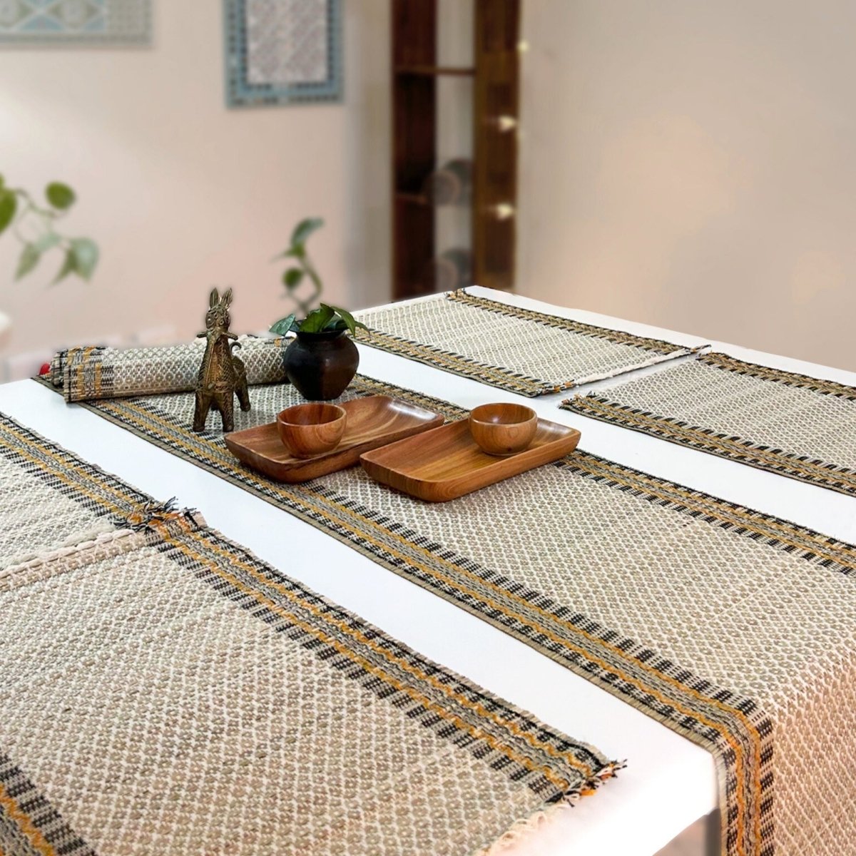 Cotton and Grass Table mats and runner in Beige | Set of 4 and 6