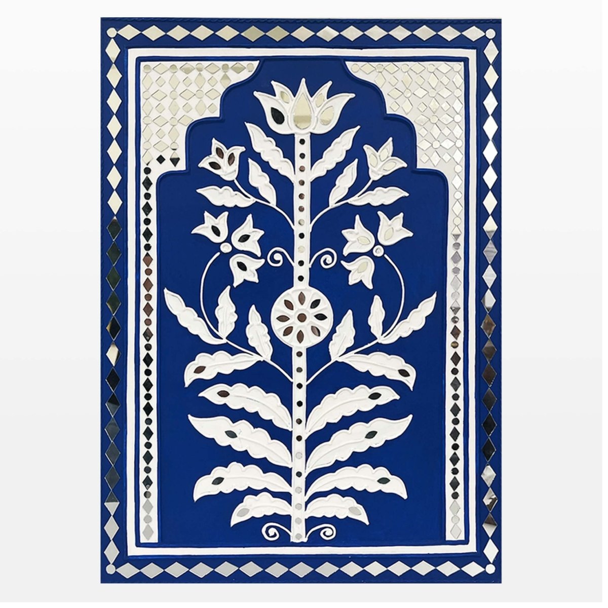 Handmade blue sparkle mud art wall hanging crafted with mud and mirrors from Kutch.