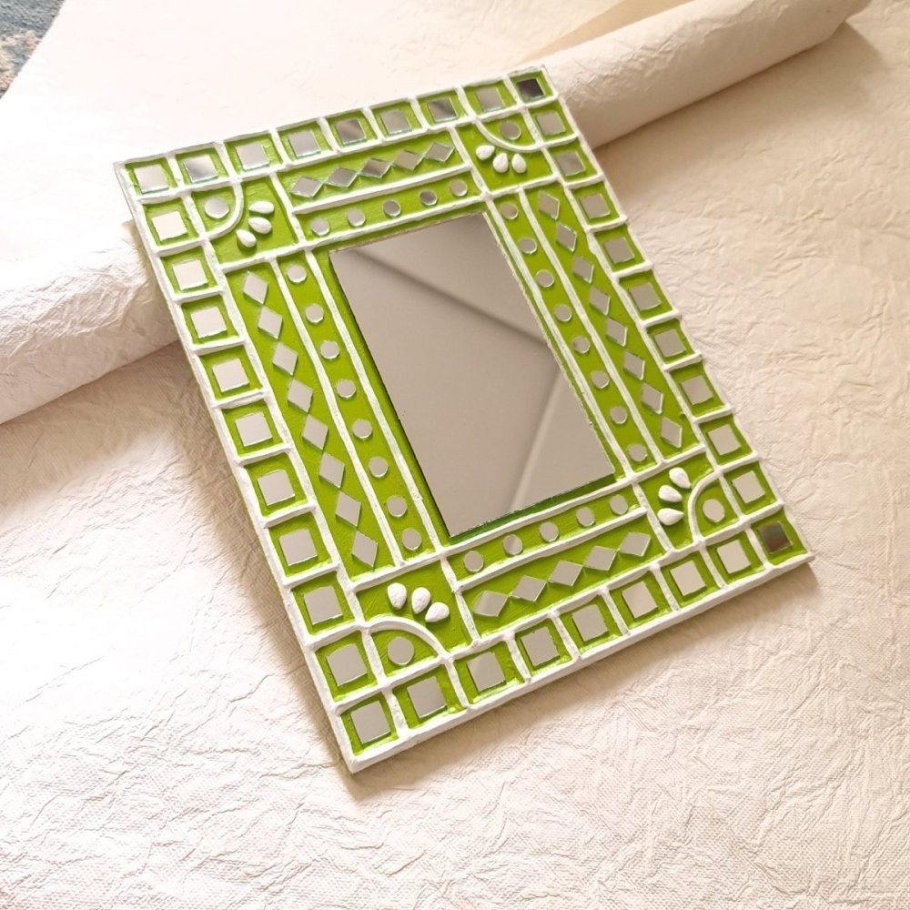 Handcrafted Clay & Mirror Work Wall Décor in Lime Green | Artisan Home Decor
