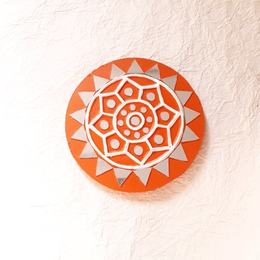 Round Bright Brick Coloured Handcrafted Mud & Mirror Work Wall Art (Set of 2)