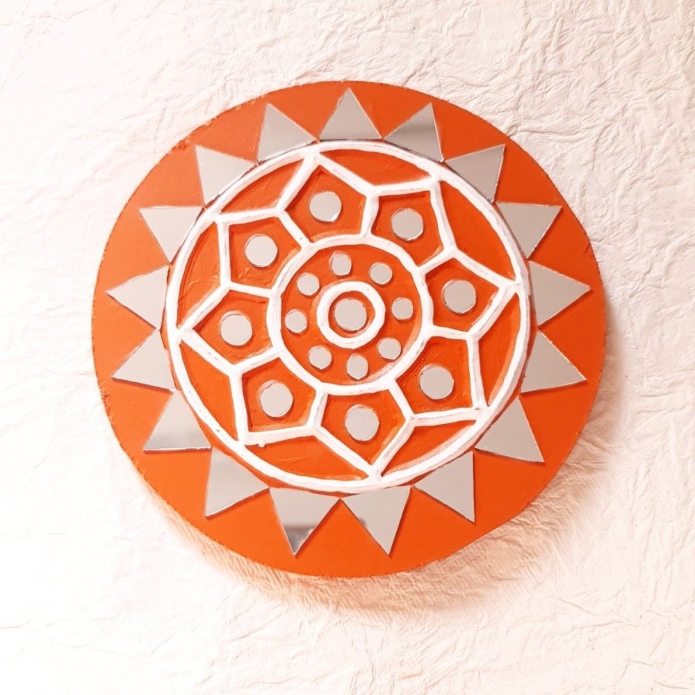 Round Bright Brick Coloured Handcrafted Mud & Mirror Work Wall Art (Set of 2)