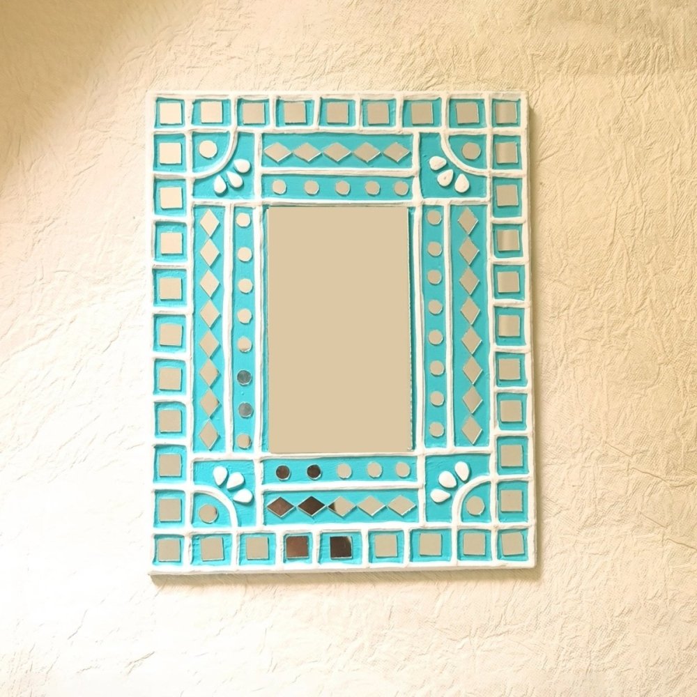 Turquoise Wall Mirror in Lippan Art | Handmade Mud & Mirror Decor from India