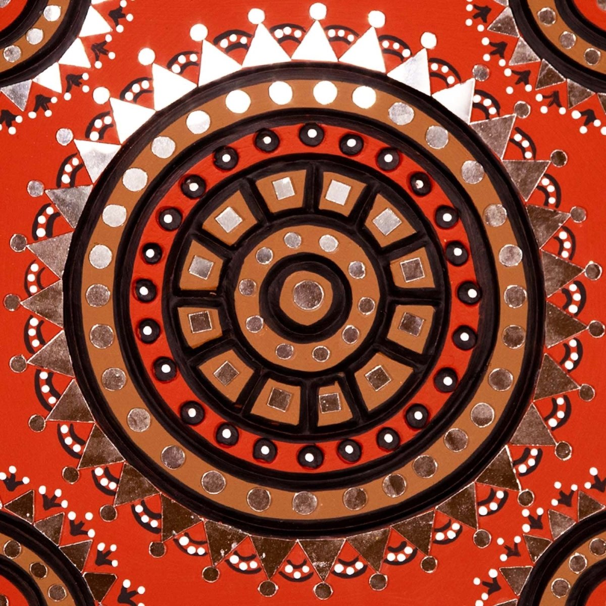 Handcrafted square mud wall art in red and black, adding a bold and artistic touch