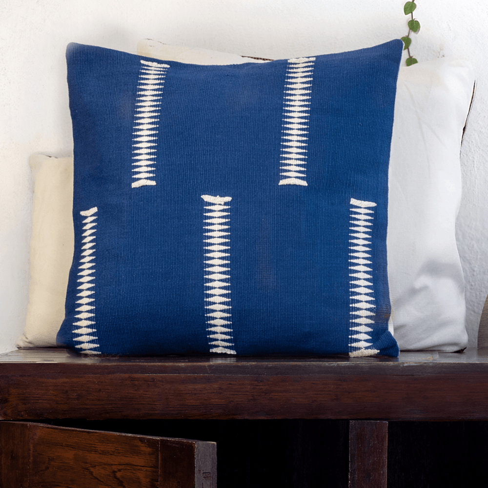 Cotton Cushion Cover Handwoven in Indigo and White | 16 inches x 16 inches | Set of 1