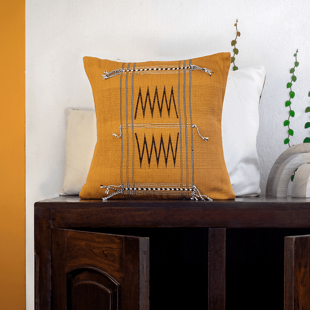 Mustard Zig Zag Handwoven Cotton Cushion Cover